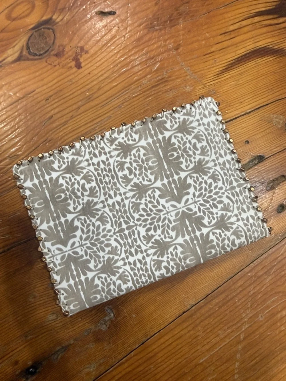 Anthropologie Cream Canvas Passport Sleeve with Gold Beaded Accent
